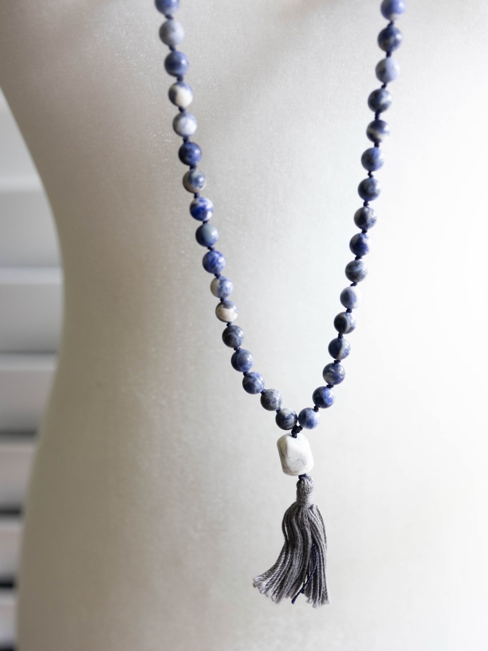 Blue Stone Beaded Tassel Necklace